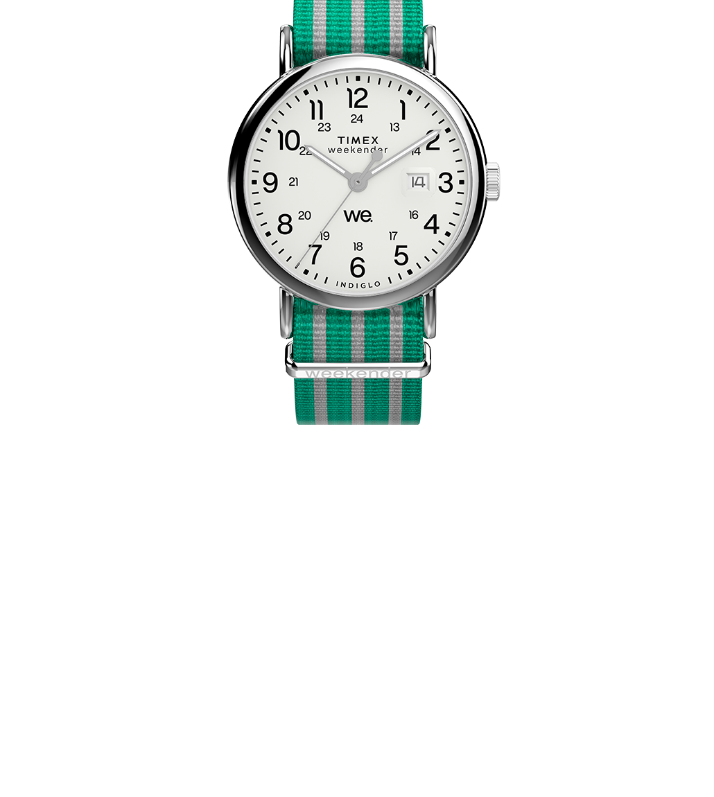 Front product shot of the Timex Weekender with a white dial and green-and-grey striped fabric strap, displayed against a white background.
