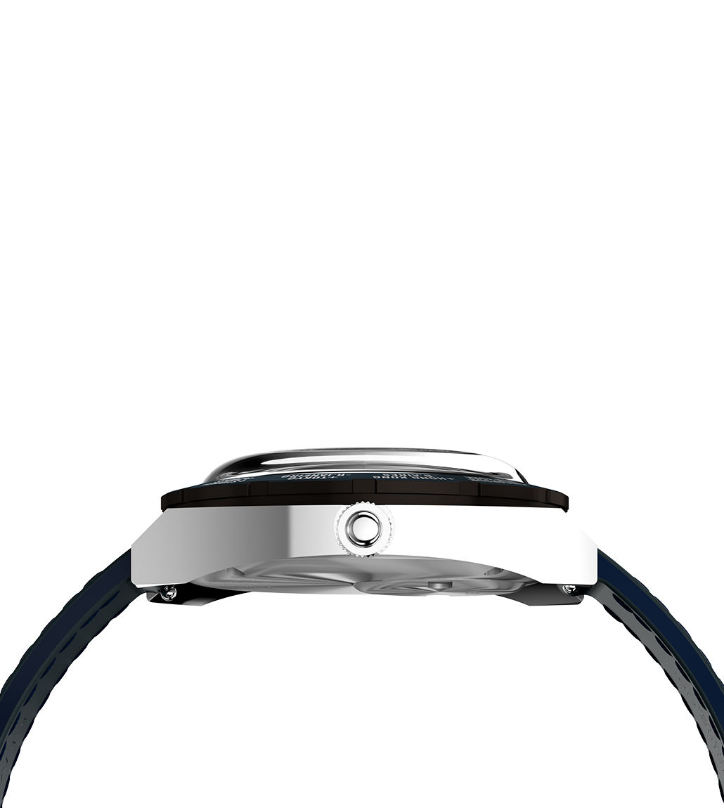 Side profile view of the watch highlighting the domed acrylic crystal, polished stainless-steel case, and crown, with a view of the curved navy leather strap.