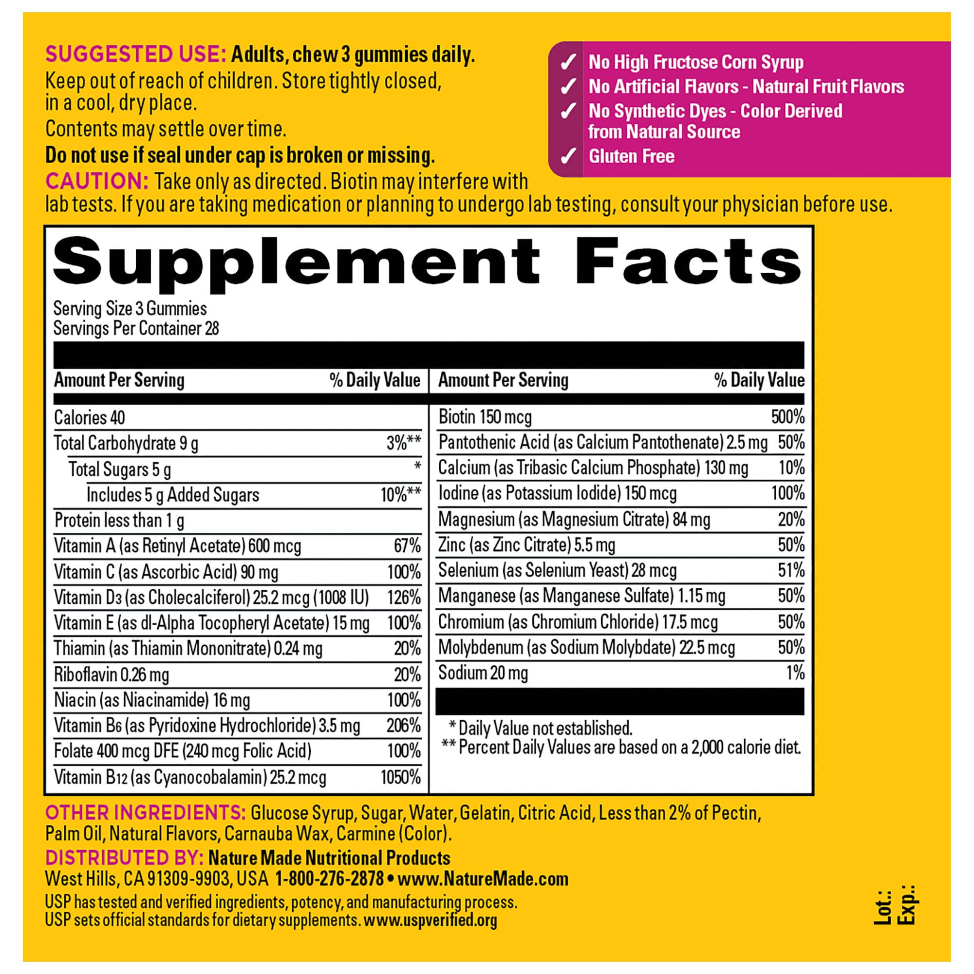 Nature Made Advanced Multi 50+ Women Gummies supplement facts and nutrition information panel