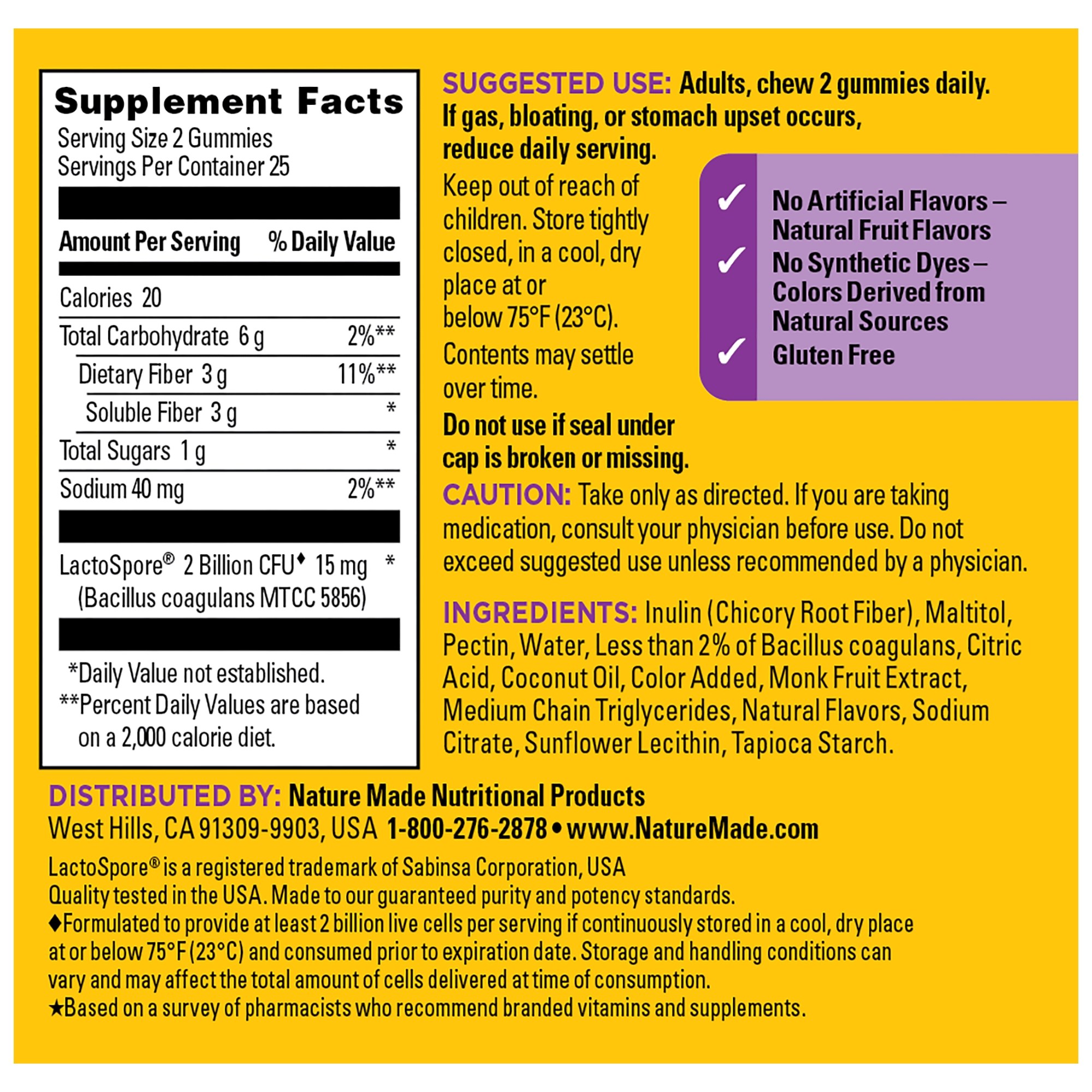 Nature Made Probiotic + Prebiotic Fiber gummies Supplement Facts panel showing probiotics, fiber content, ingredients, and usage directions for gummies.