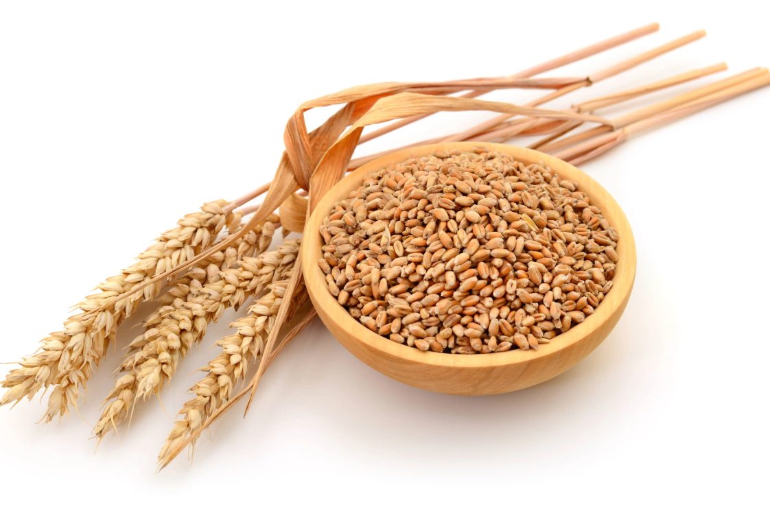 Whole grains in a wooden bowl with wheat stalks on white background