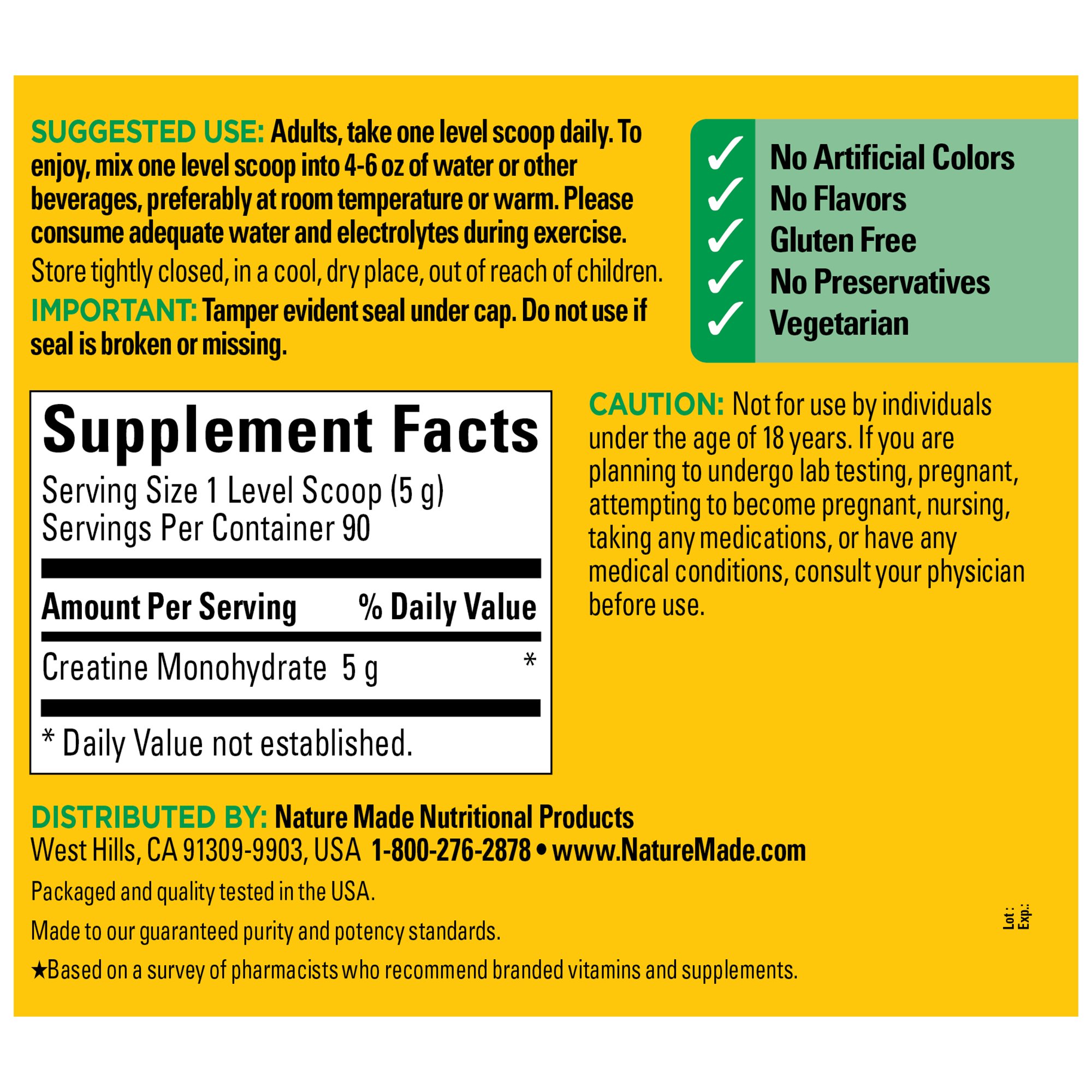 Nature Made Creatine Monohydrate Powder Supplement Facts Panel – 90 day supply.