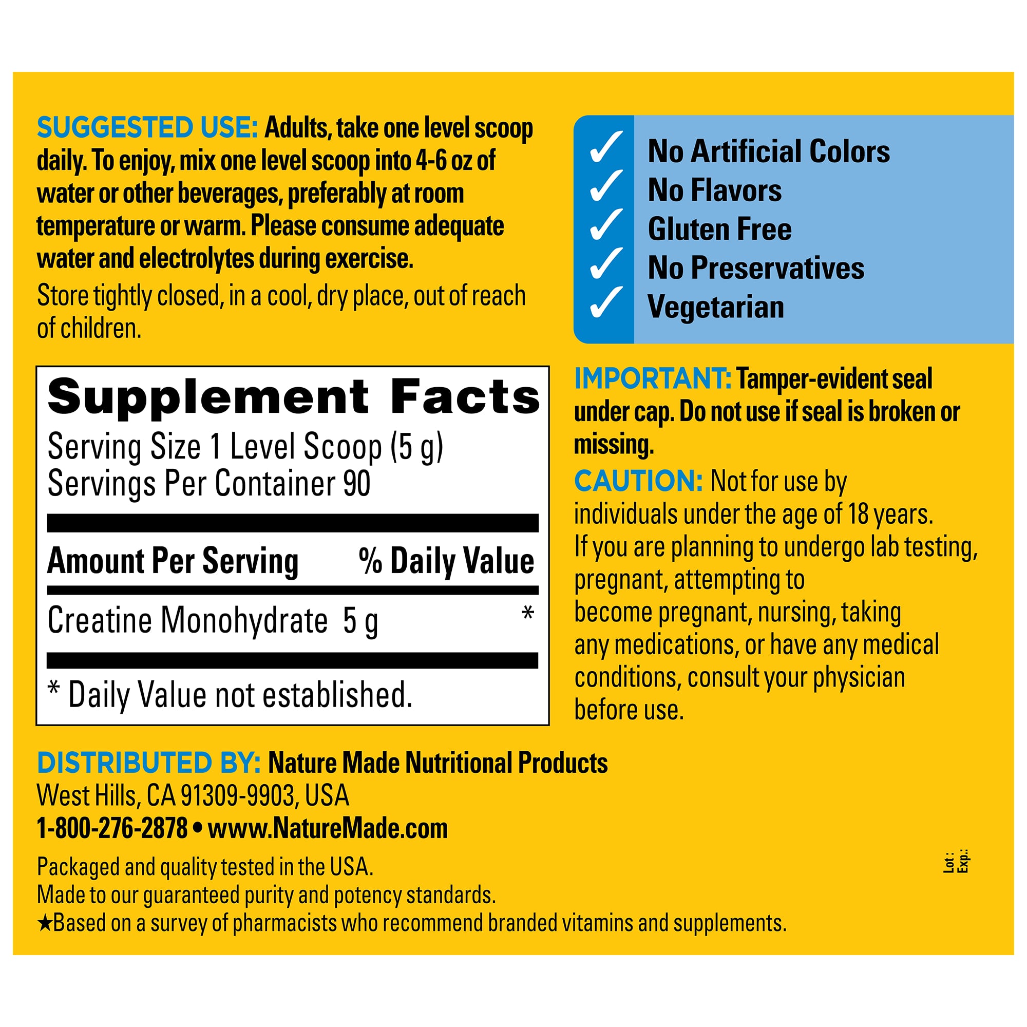 Nature Made Creatine Monohydrate Powder Supplement Facts Panel – 90 day supply.  