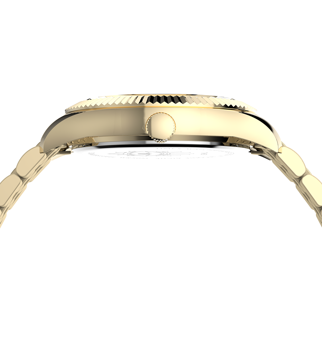 Side profile rendering of the Timex x Jacquie Aiche gold-tone watch, showing its slim casing, crown detail, and smooth bracelet link curvature beneath the fluted bezel.