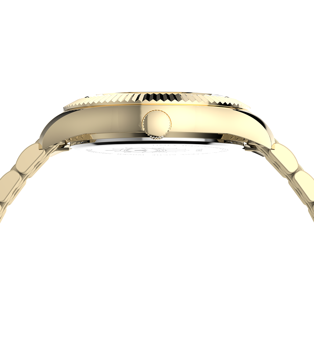 Side profile rendering of the Timex x Jacquie Aiche gold-tone watch, showing its slim casing, crown detail, and smooth bracelet link curvature beneath the fluted bezel.