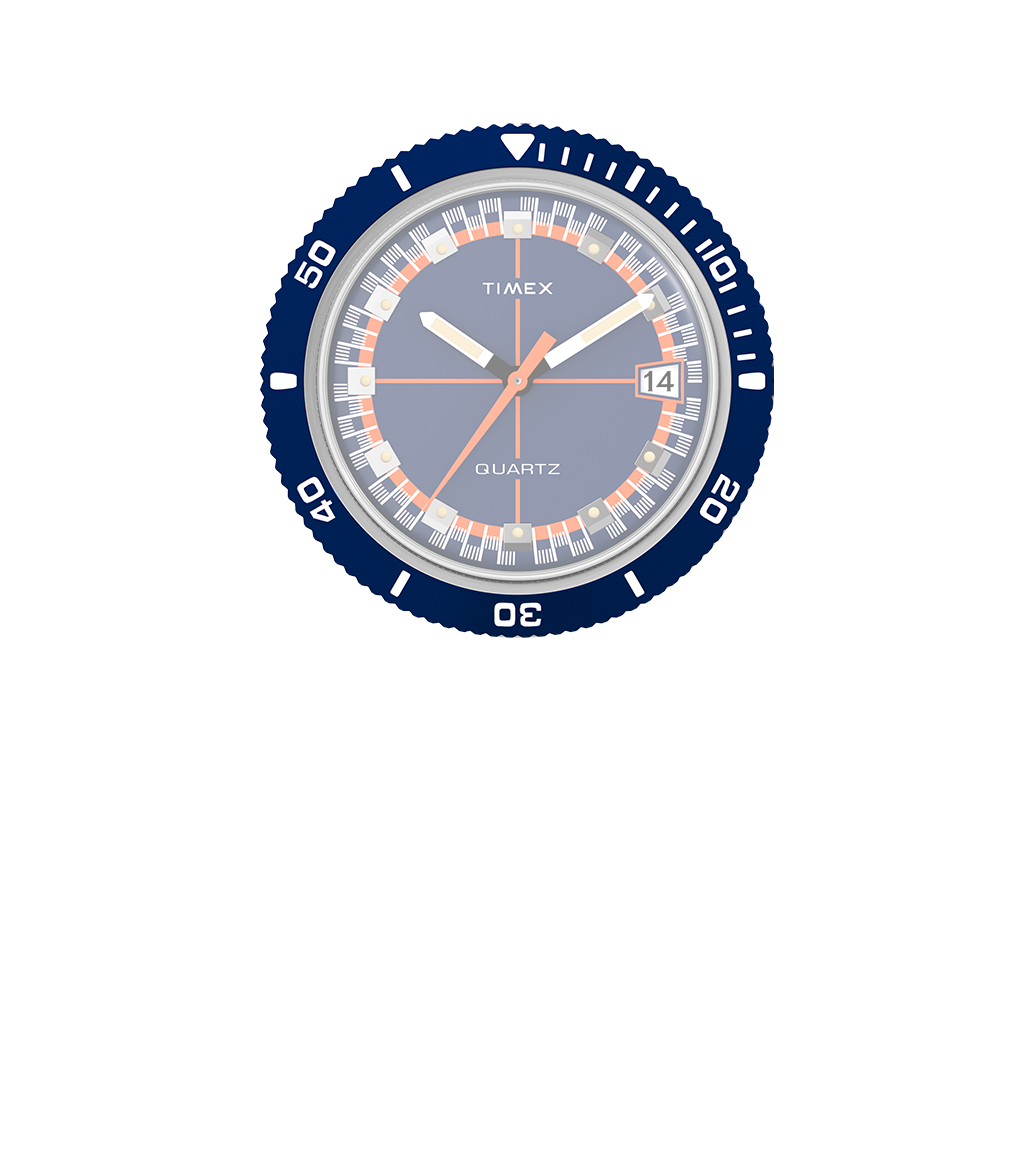 Digital render of the Q Timex® 1971 Velocity dial only, highlighting the retro font, red/orange chapter ring, and angular square hour markers. The date window at 3 o’clock features a unique trapezoidal frame.
