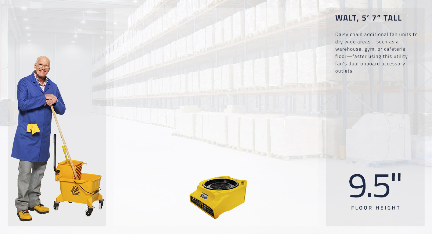 Daisy chain additional fan units to dry wide areas—such as a warehouse, gym, or cafeteria floor—faster using this utility fan’s dual onboard accessory outlets.