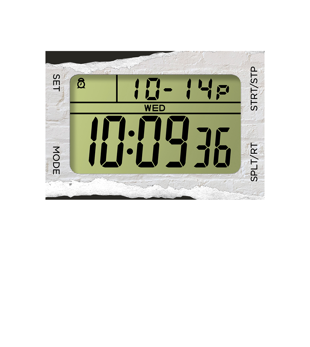 Close-up of the Timex T80 x TVBOY digital watch face showing a white brick-patterned frame around a green-tinted LCD display. The display indicates the date '10-14', day 'WED', and time '10:09:36'. Button labels for Set, Mode, Start/Stop, and Split/Reset are printed around the edges.