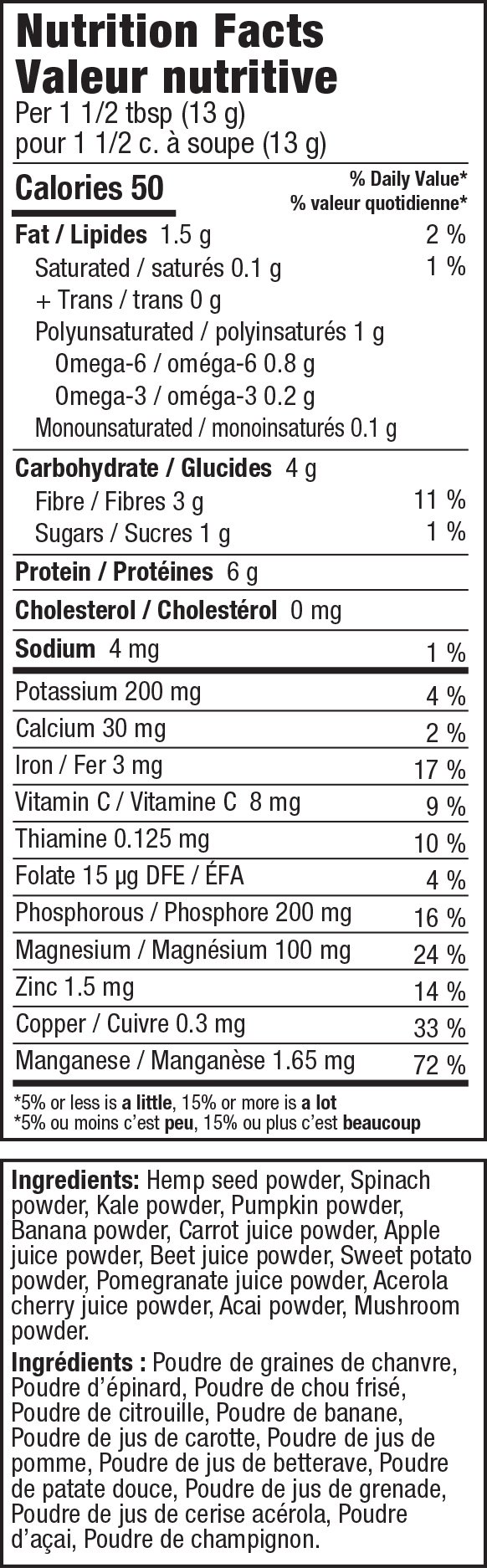Hemp+ Supergreens Nutrition label