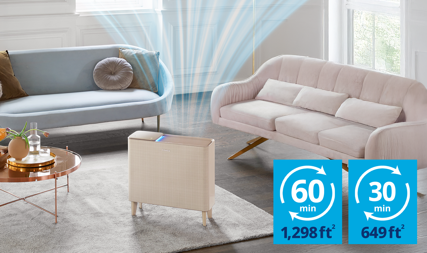 Airmega Icon covers up to 1,298 sq. ft in 60 mins