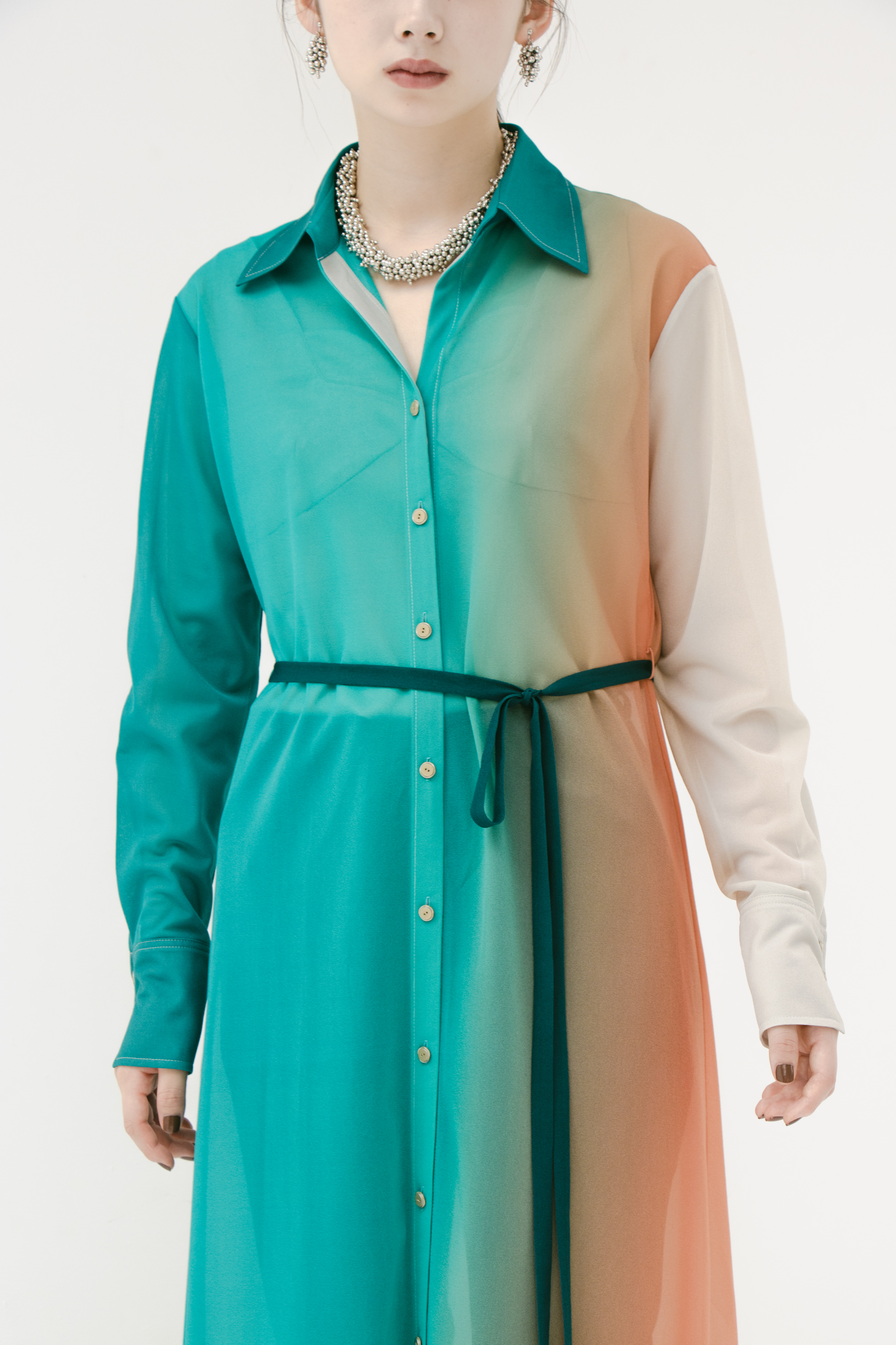 Sheer gradation shirt dress (Emerald blue) – MURRAL