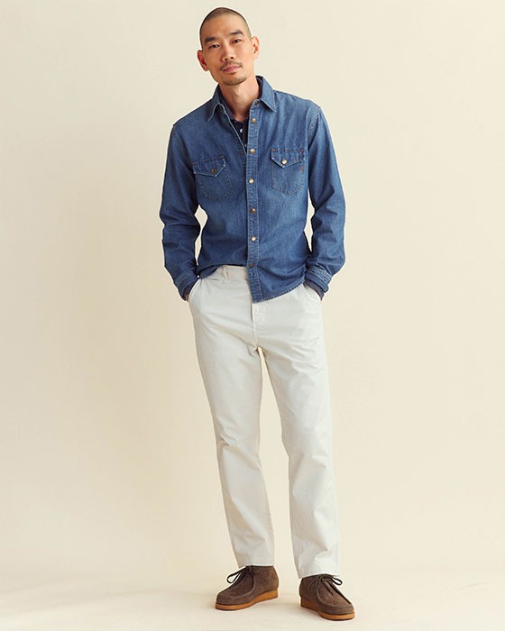 Male model wears the Shoals Denim Shirt