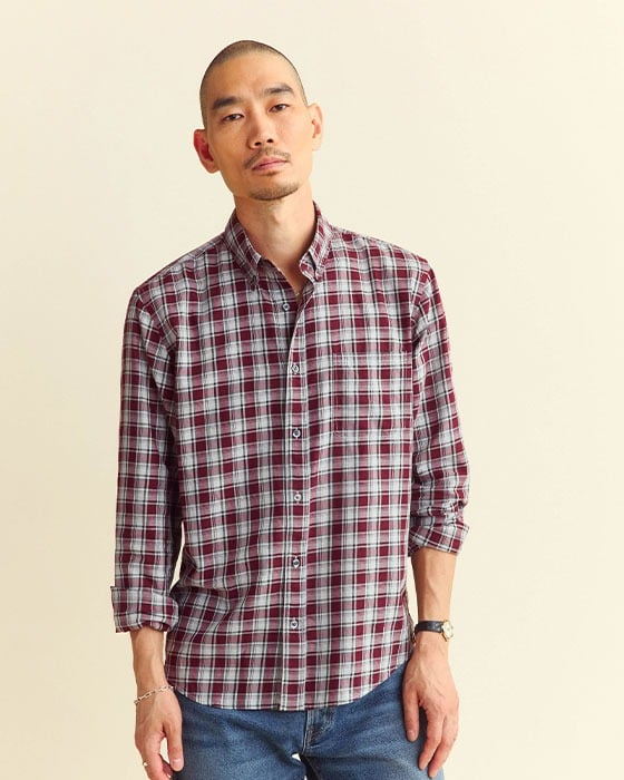 Model wears the Plaid Tuscumbia Shirt Button Down