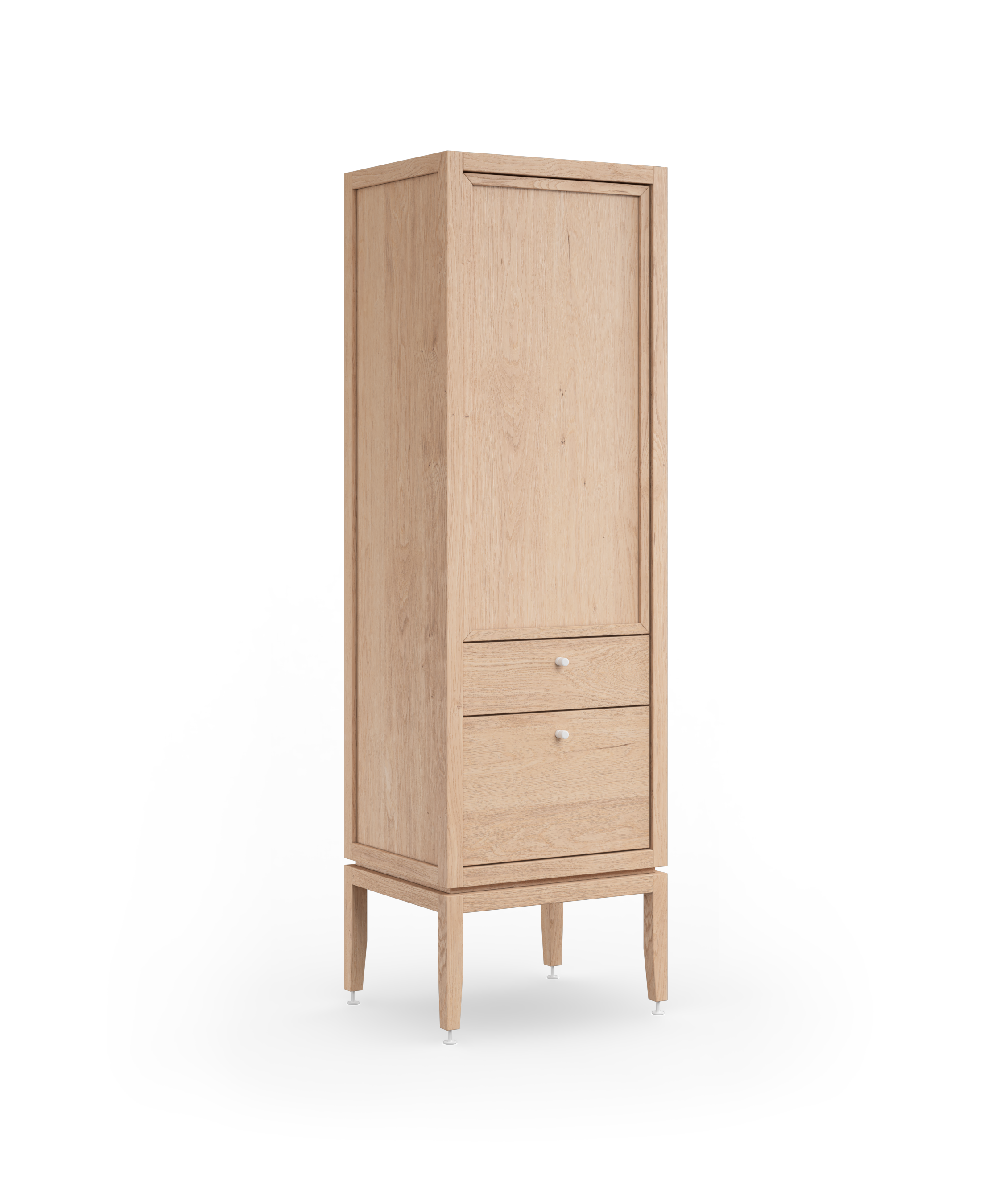 Coquo modular bathroom dresser with one door and two drawers in natural oak with metal handles.