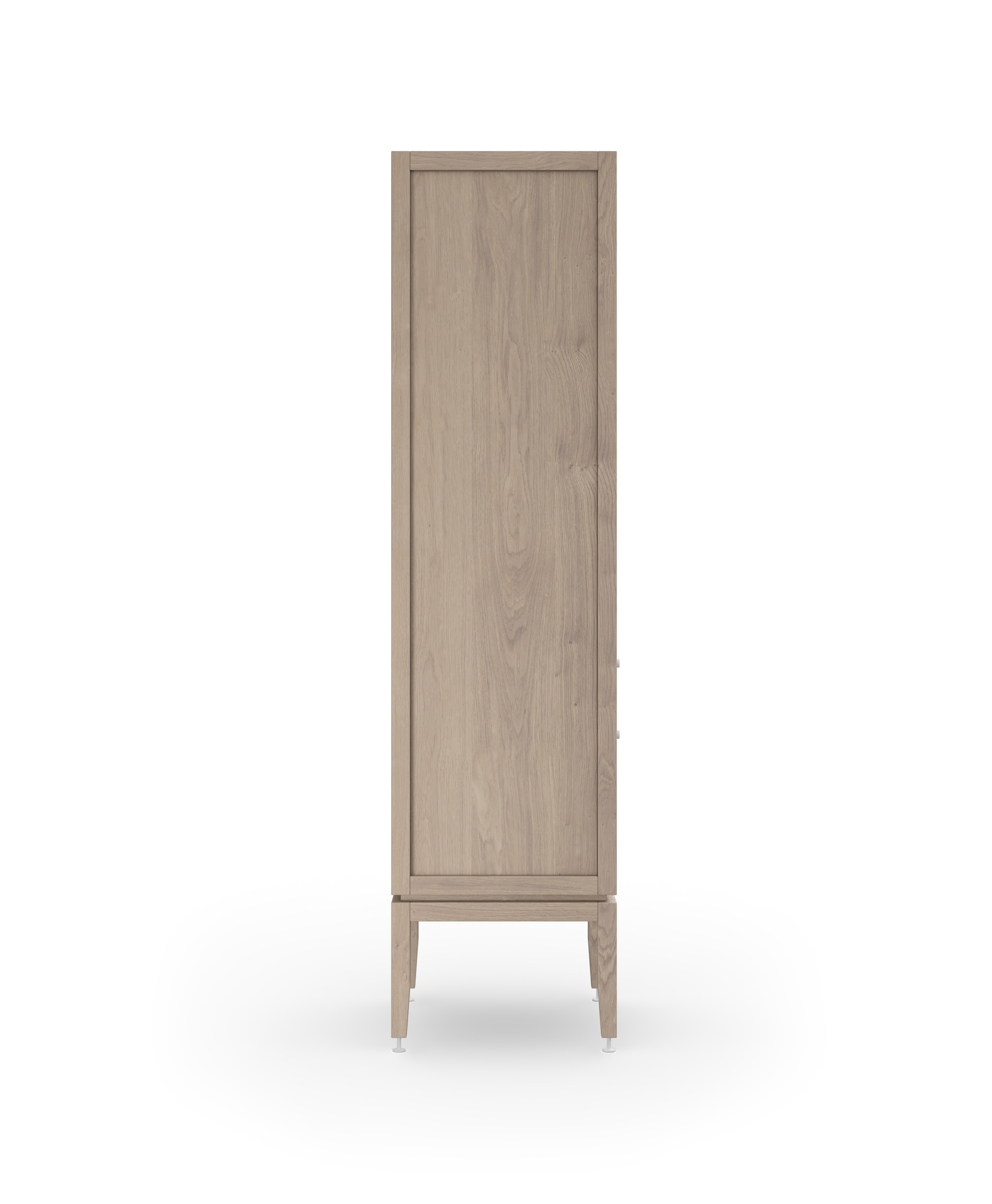 Coquo modular bathroom dresser with one door and two drawers in white stained oak with metal handles.