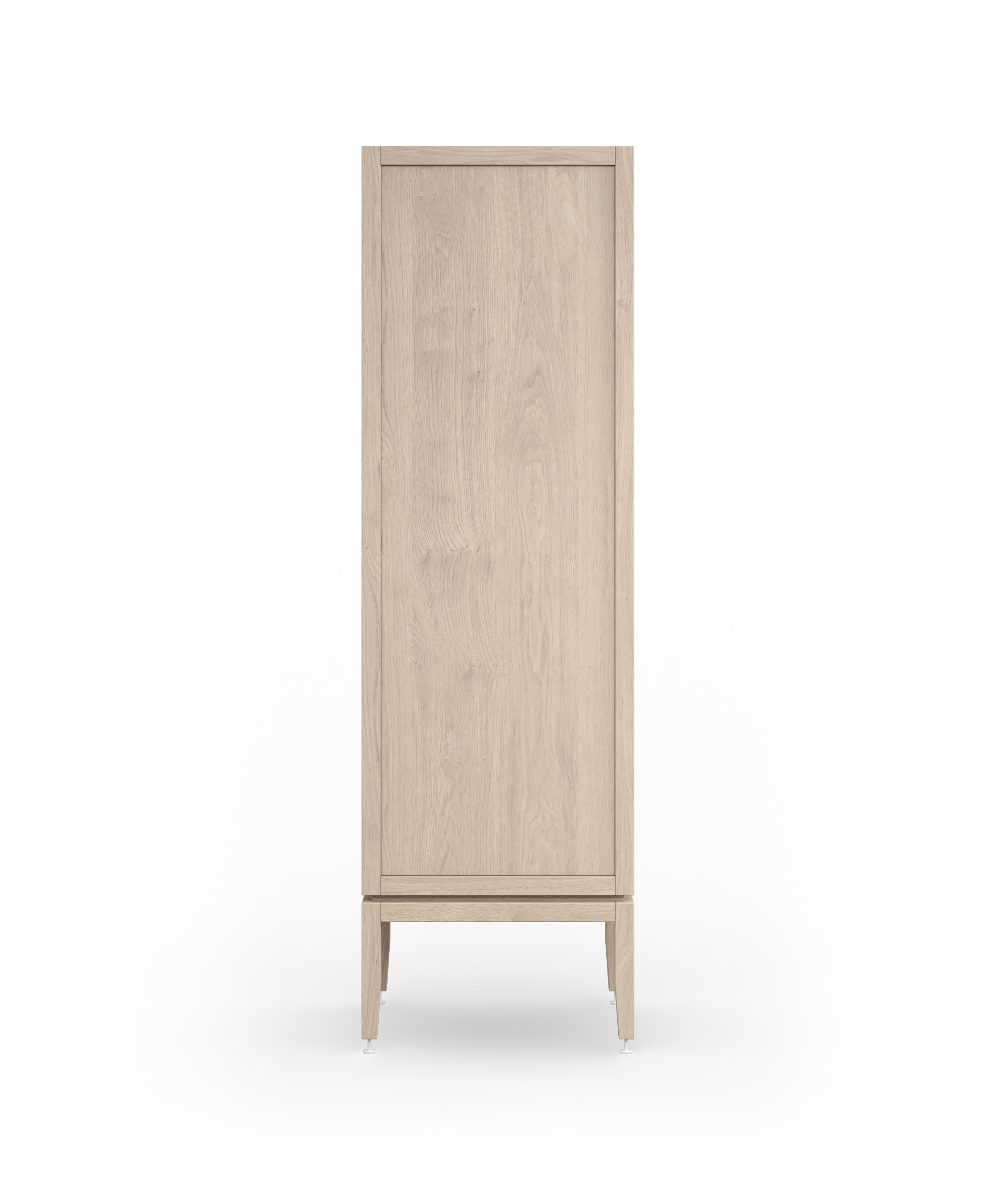 Coquo modular bathroom dresser with one door and two drawers in white stained oak with metal handles.