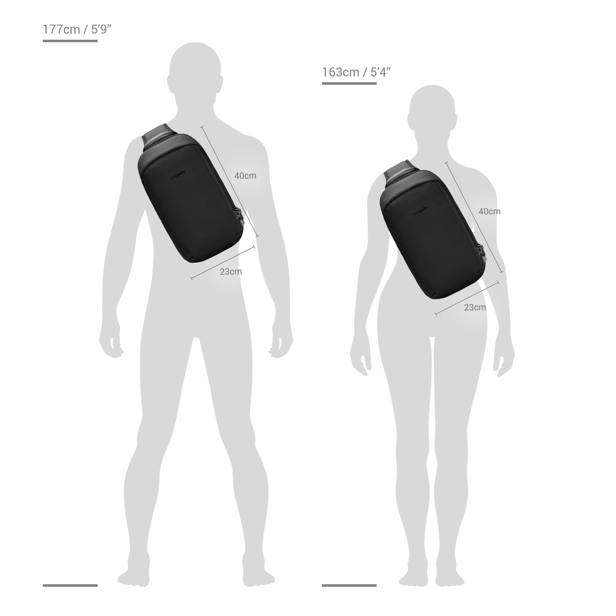 Size chart for Pacsafe® V Tech anti-theft sling pack