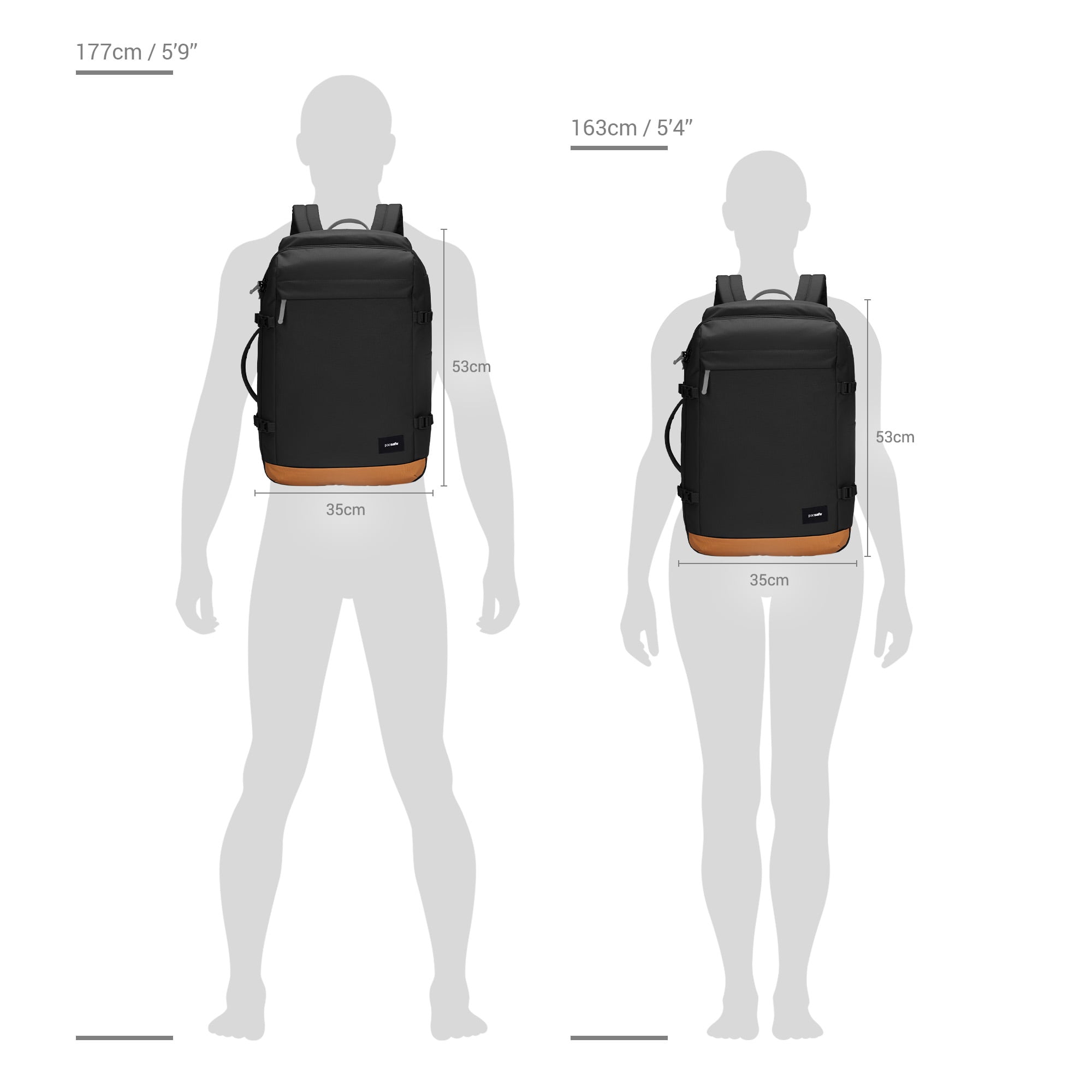 Size chart for Pacsafe® GO 44L anti-theft carryon backpack
