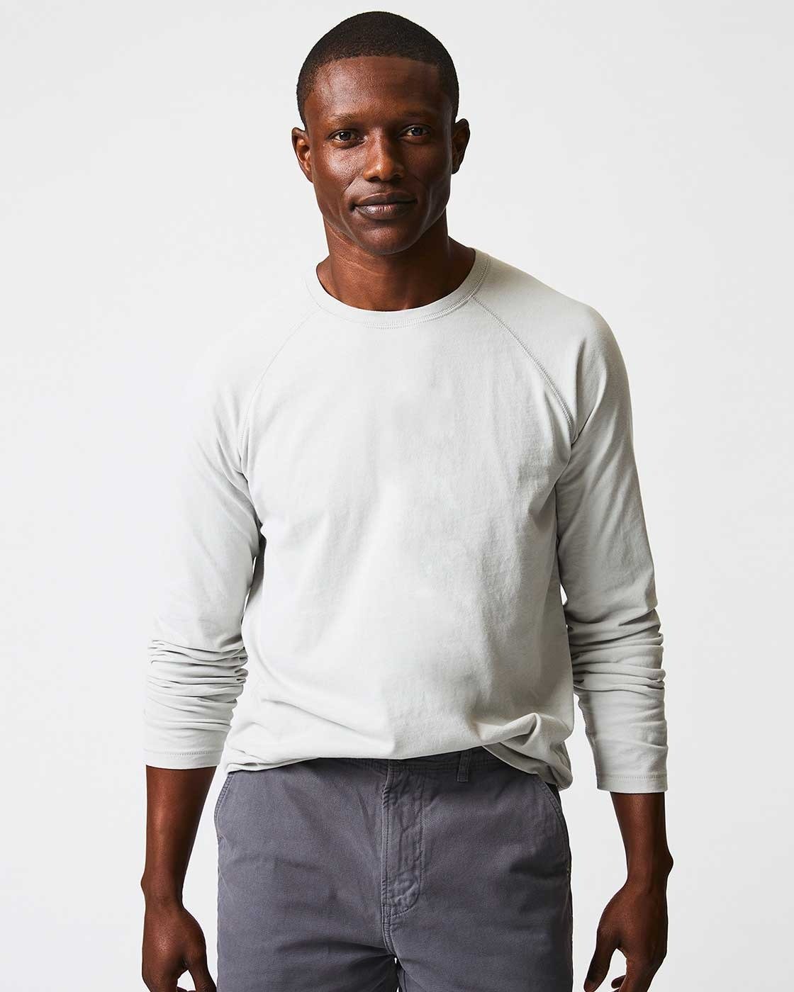 Male model wears the Long-Sleeve Sueded Cotton Crew.