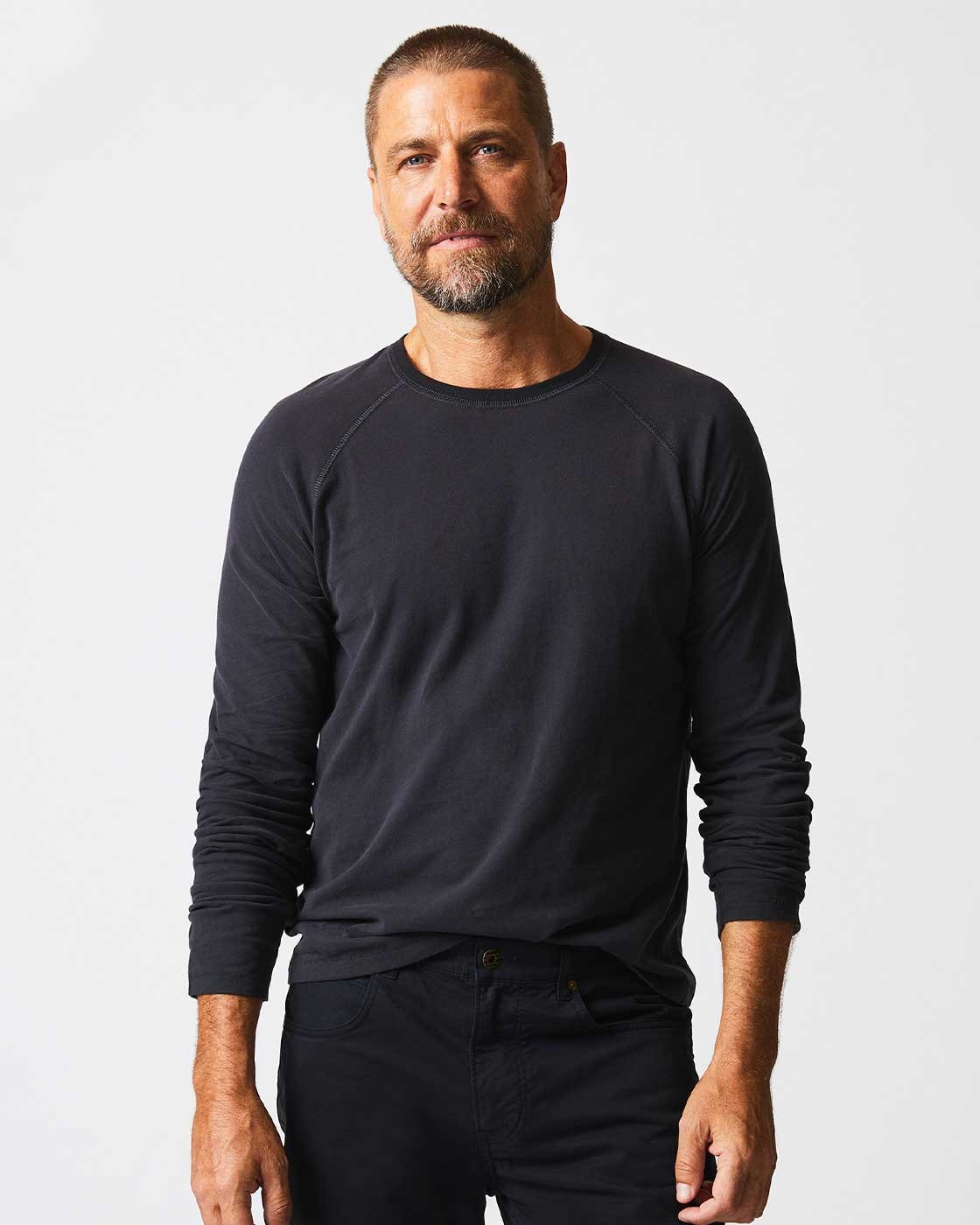 Male model wears the Long-Sleeve Sueded Cotton Crew.