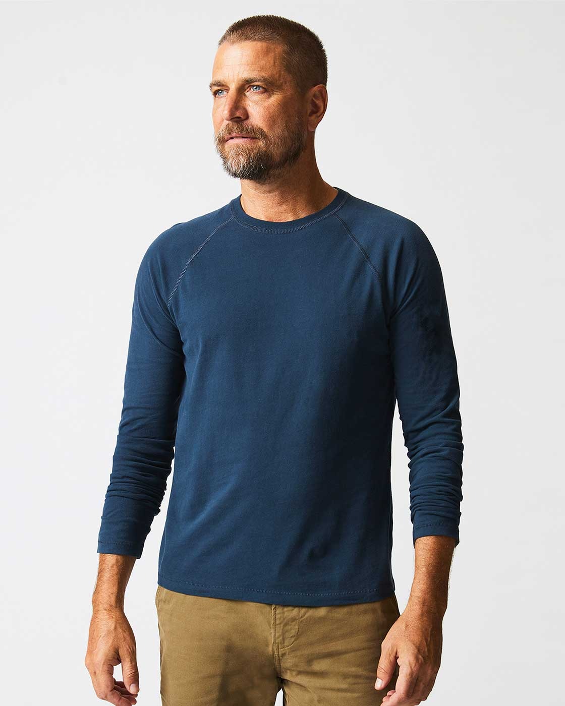 Male model wears the Long-Sleeve Sueded Cotton Crew