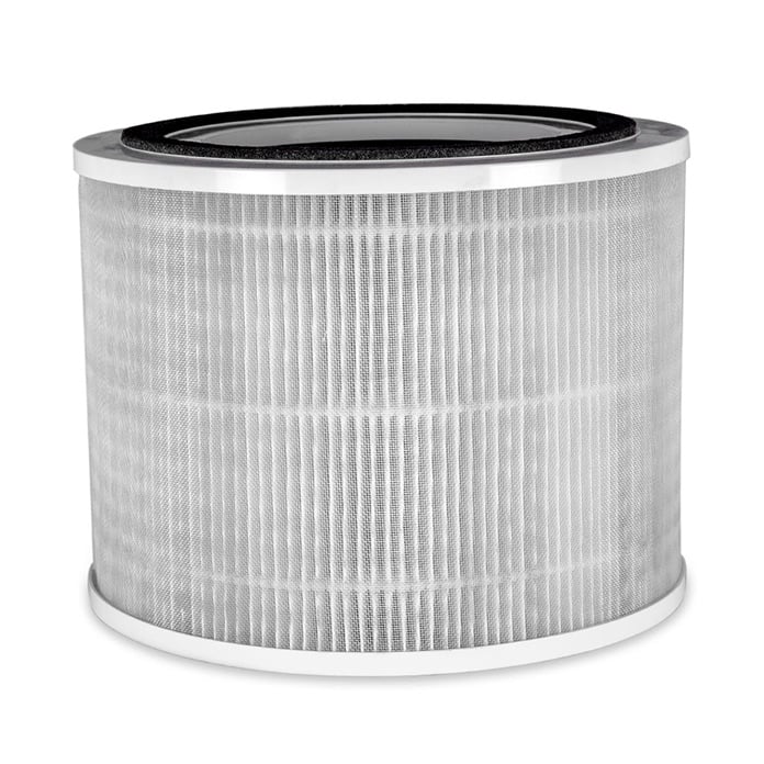 The QuFresh desktop air purifier uses a unique 3-in-1 composite filter for easy replacement.