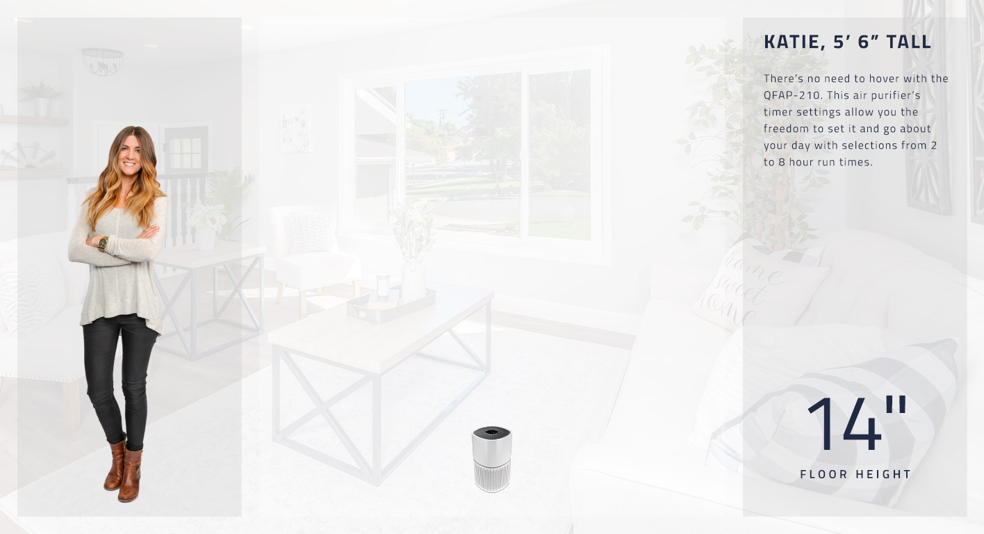 There’s no need to hover with the QFAP-210. This air purifier’s timer settings allow you the freedom to set it and go about your day with selections from 2 to 8 hour run times.