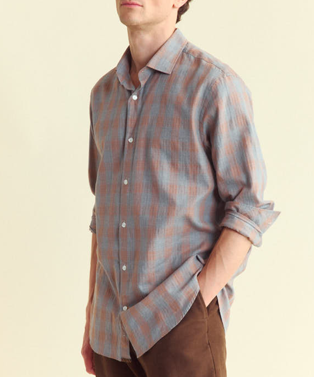 Model wears the Herringbone Plaid Hutcheson Sport Shirt