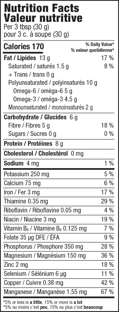 Hemp+ Chia & Flax Nutrition label