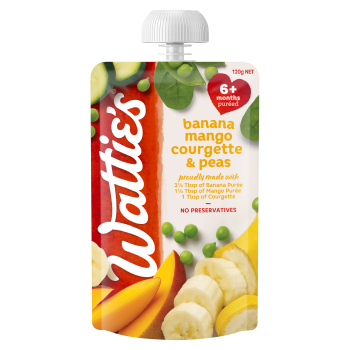 Photograph of Wattie's® Banana Mango Courgette & Peas product
