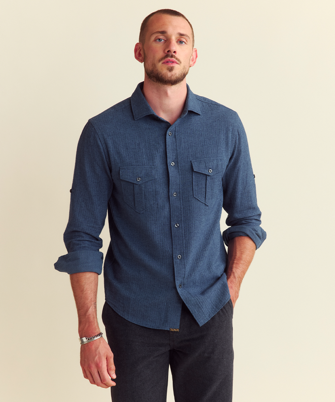 Model wears the Herringbone Scout Shirt.