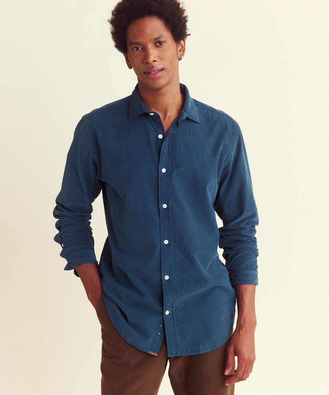 Model wears the Corduroy Cedar Shirt.