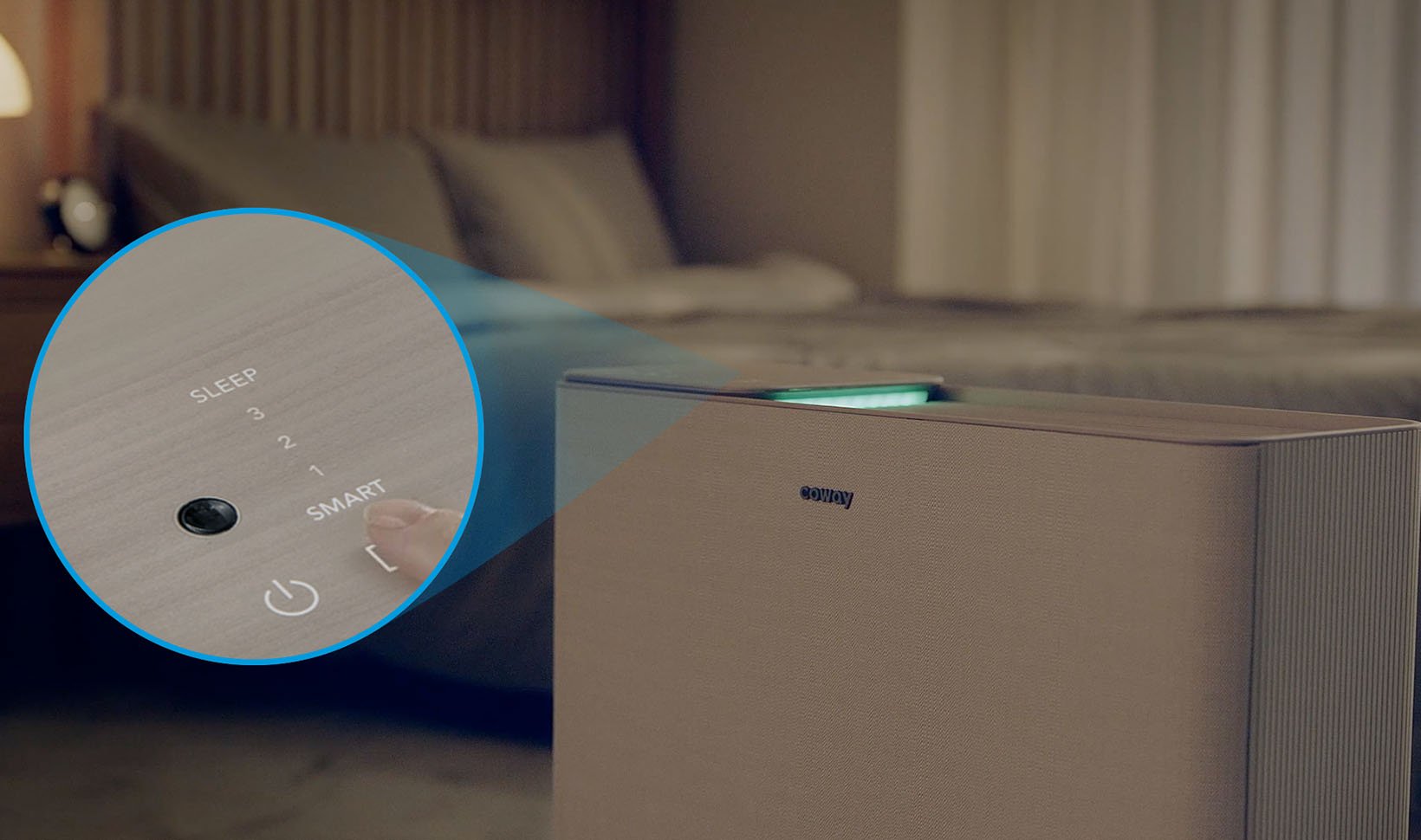 Airmega IconS Air Purifer in Bedroom on Sleep Mode