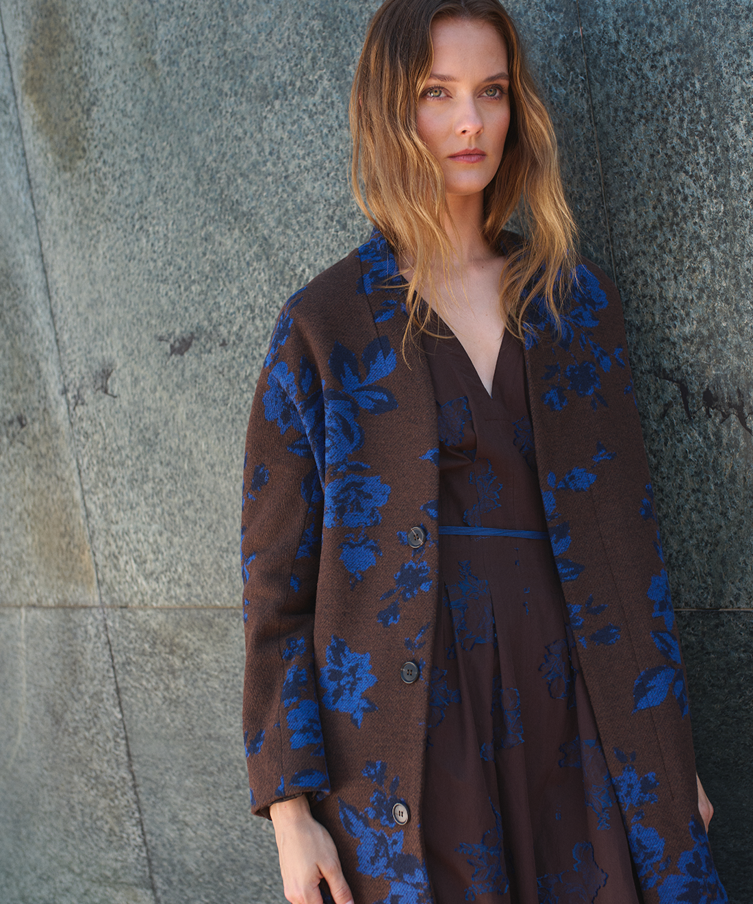 Model wears the Jacquard Wool Zen Coat.