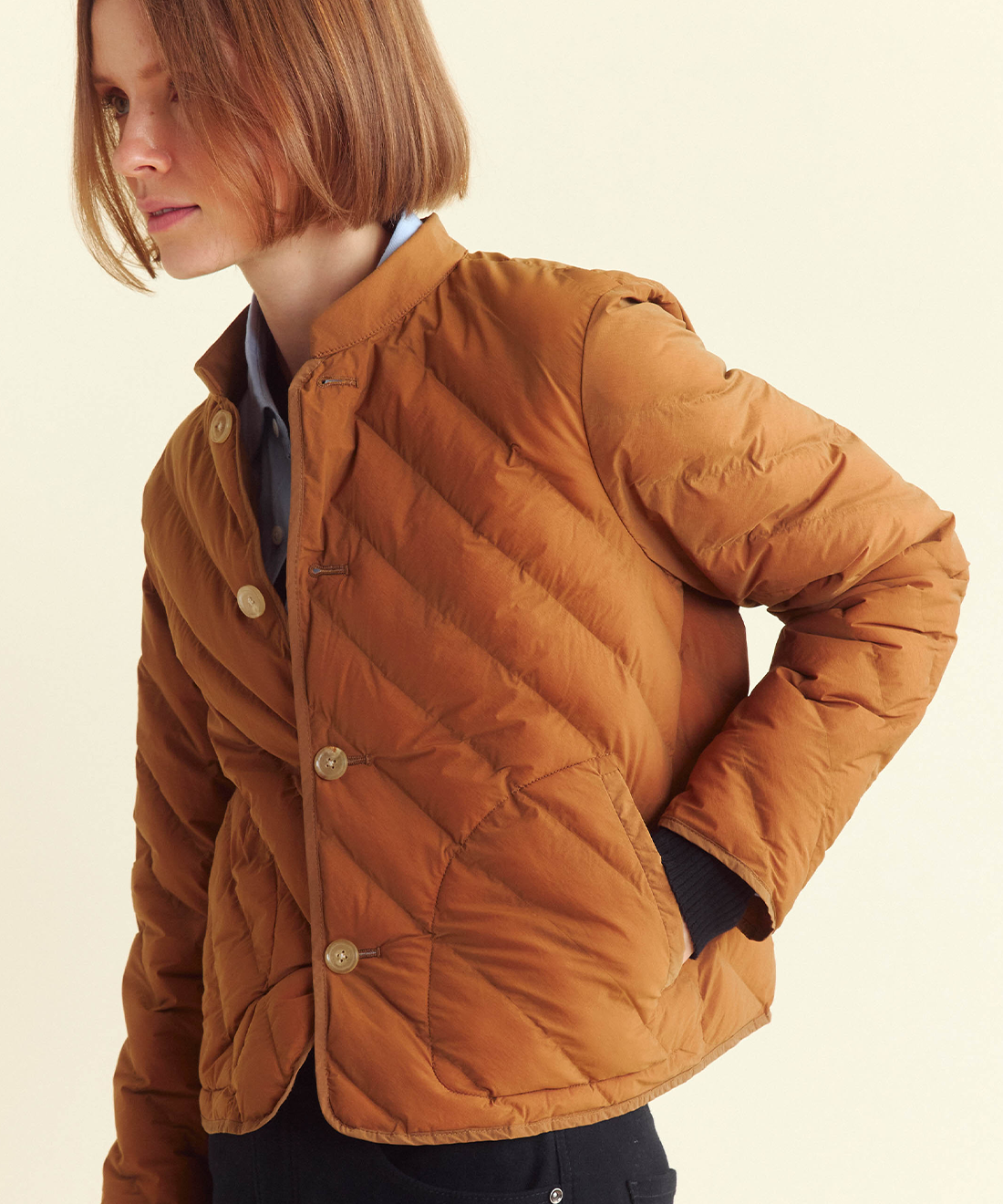 Model wears the Bias Quilt Jacket