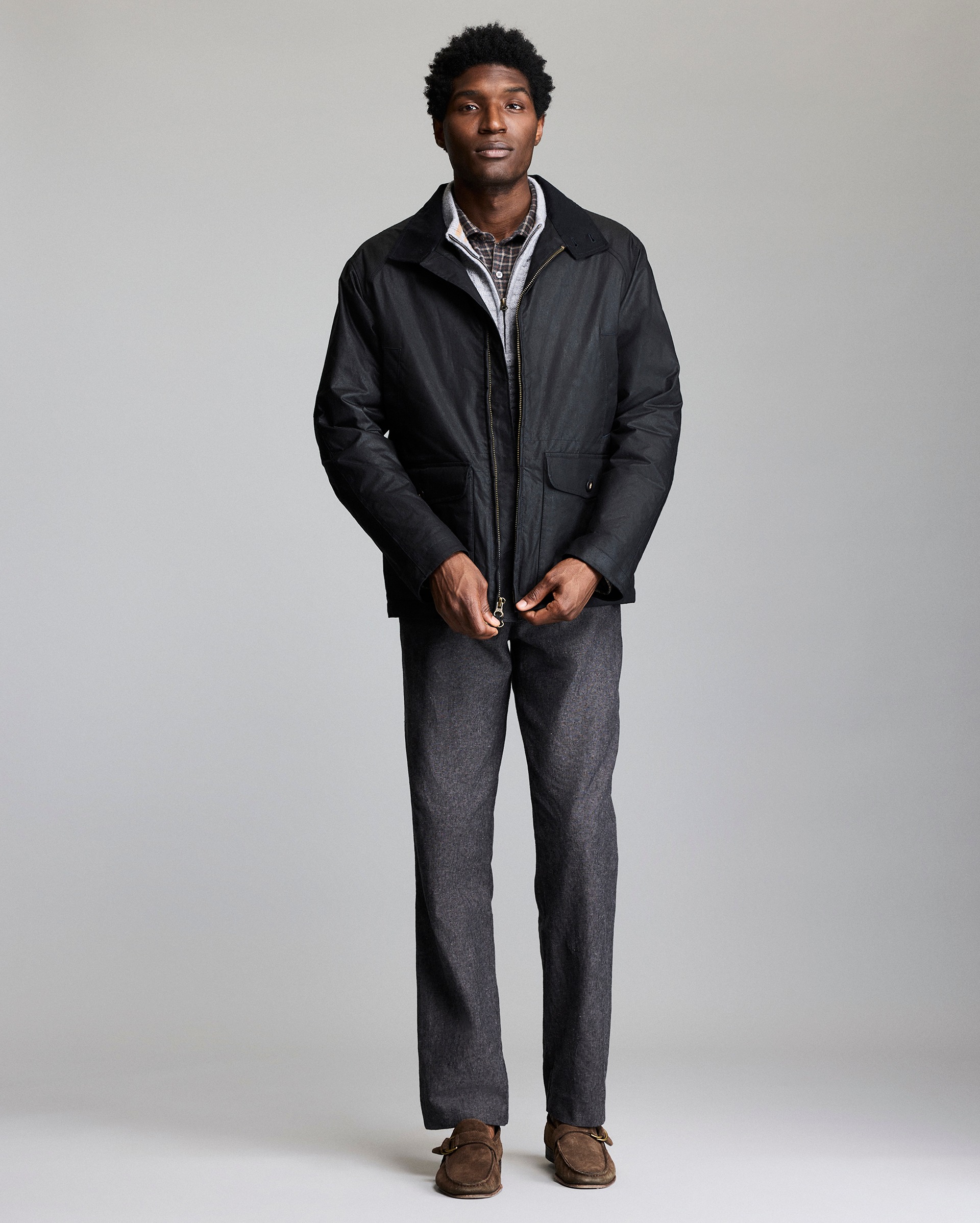 Model shows the fit of the jacket.