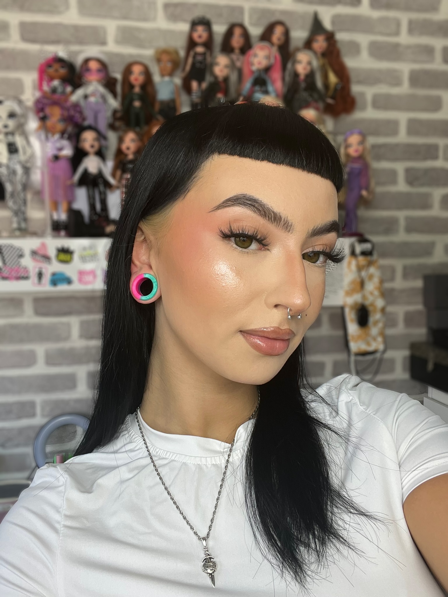 Girl wearing Cute  Marble Pink & Green Silicone Ear Tunnel