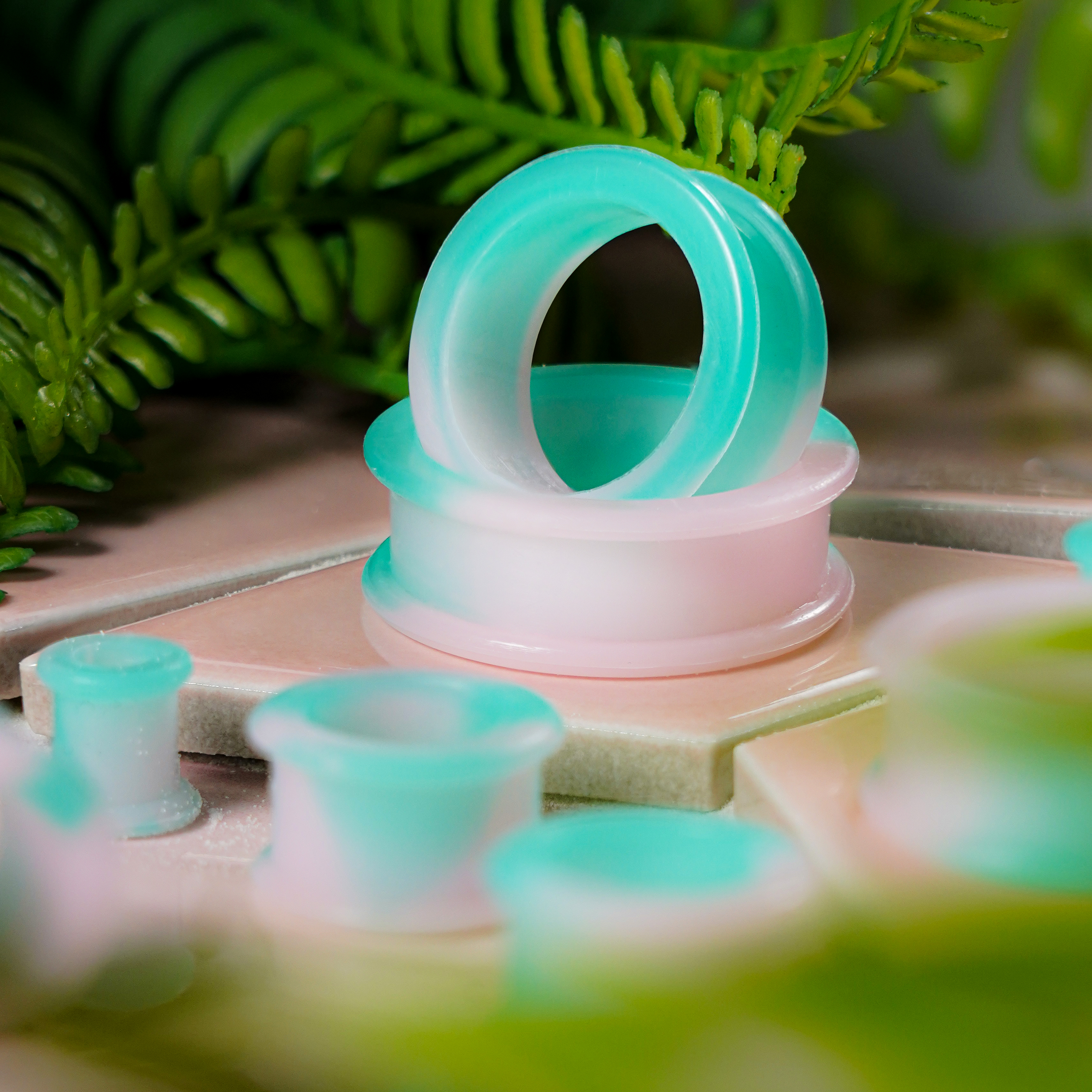 Unique  Marble Light Green & Pink Silicone Ear Tunnel