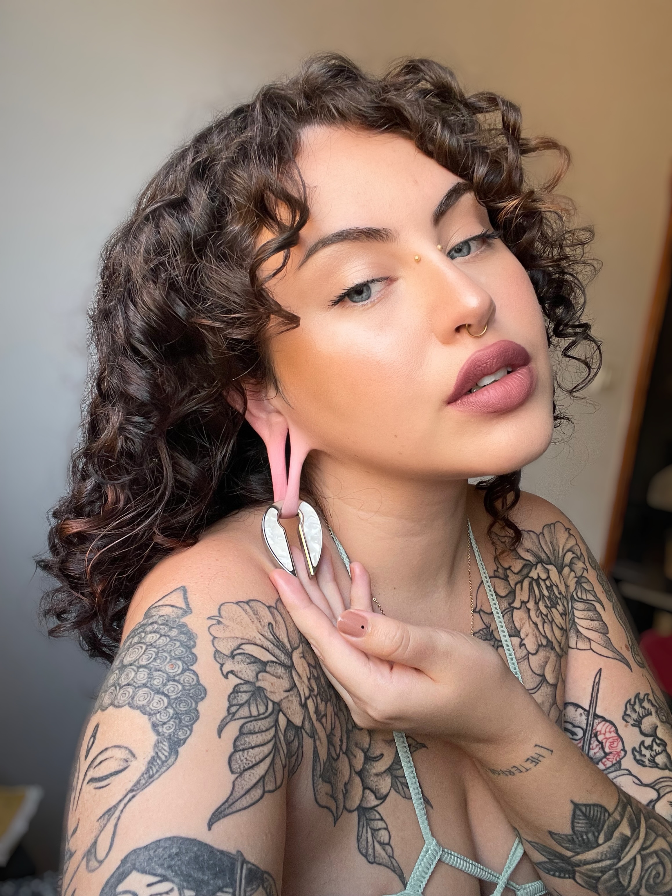 woman wearing amazing  Silver & Pearl - Keyhole Ear Weights (Pair)