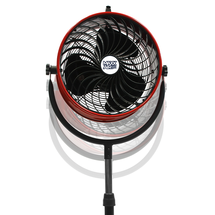 The 16 in. stand fan head tilts and is secured with tool-free locking knobs, and can adjust 5 inches in height.