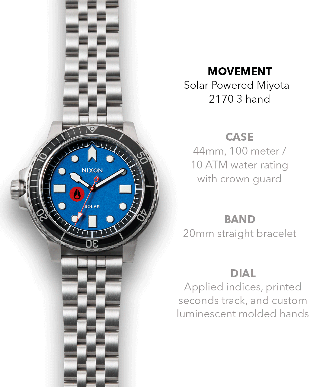 Stinger 44 Watch Silver Blue Black Stainless Steel Dive Watch Solar Powered Nixon CA