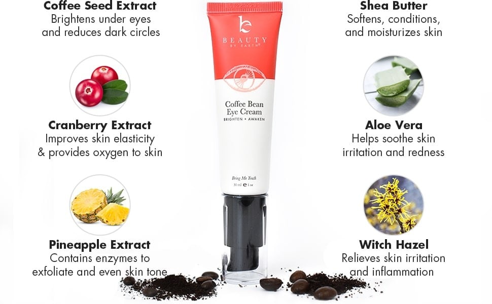 Coffee Seed Extract
Brightens under eyes
and reduces dark circles
Cranberry Extract
Improves skin elasticity
& provides oxygen to skin
Pineapple Extract
Contains enzymes to
exfoliate and even skin tone
Shea Butter
Softens, conditions,
and moisturizes skin
Aloe Vera
Helps soothe skin
irritation and redness
Witch Hazel
Relieves skin irritation
sand inflammation