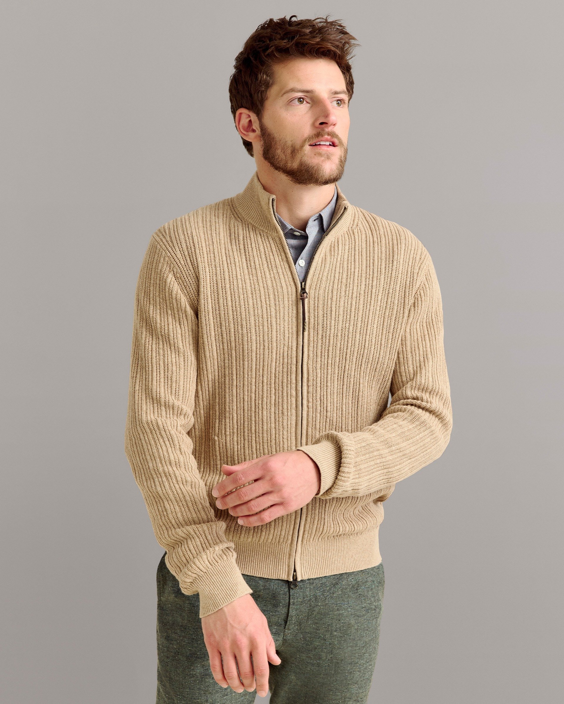 Model shows off the fit of the cardigan.