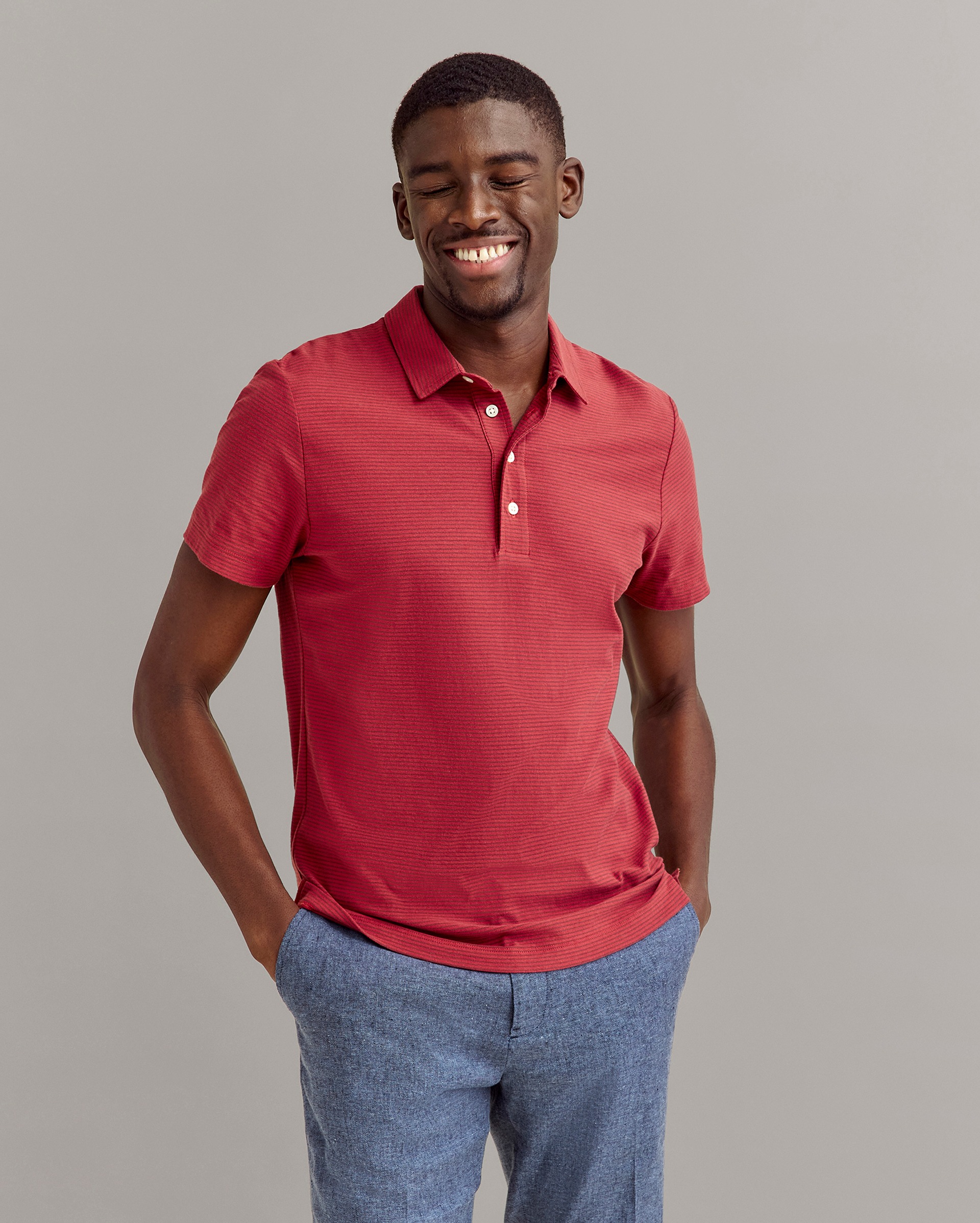 Model shows the fit of the Stripe Pensacola Polo