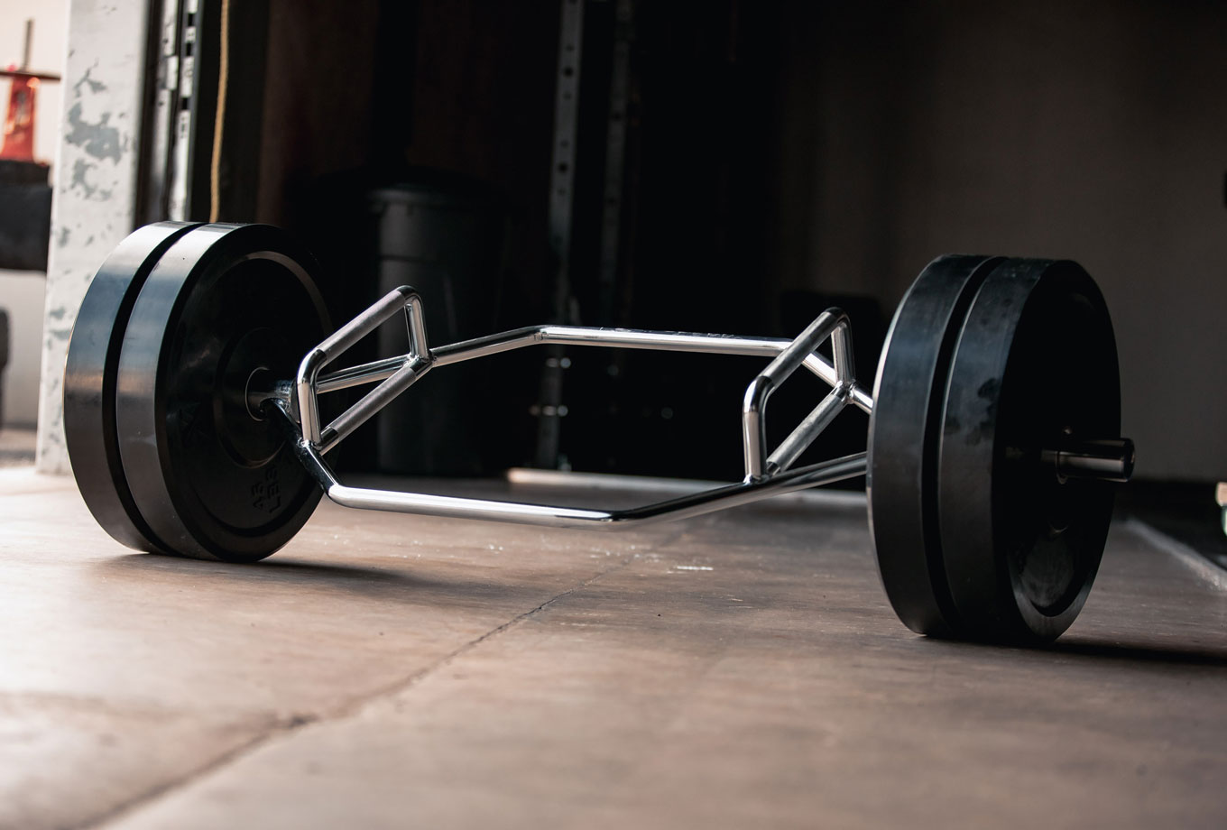 hex trap barbell with olympic bumper plates