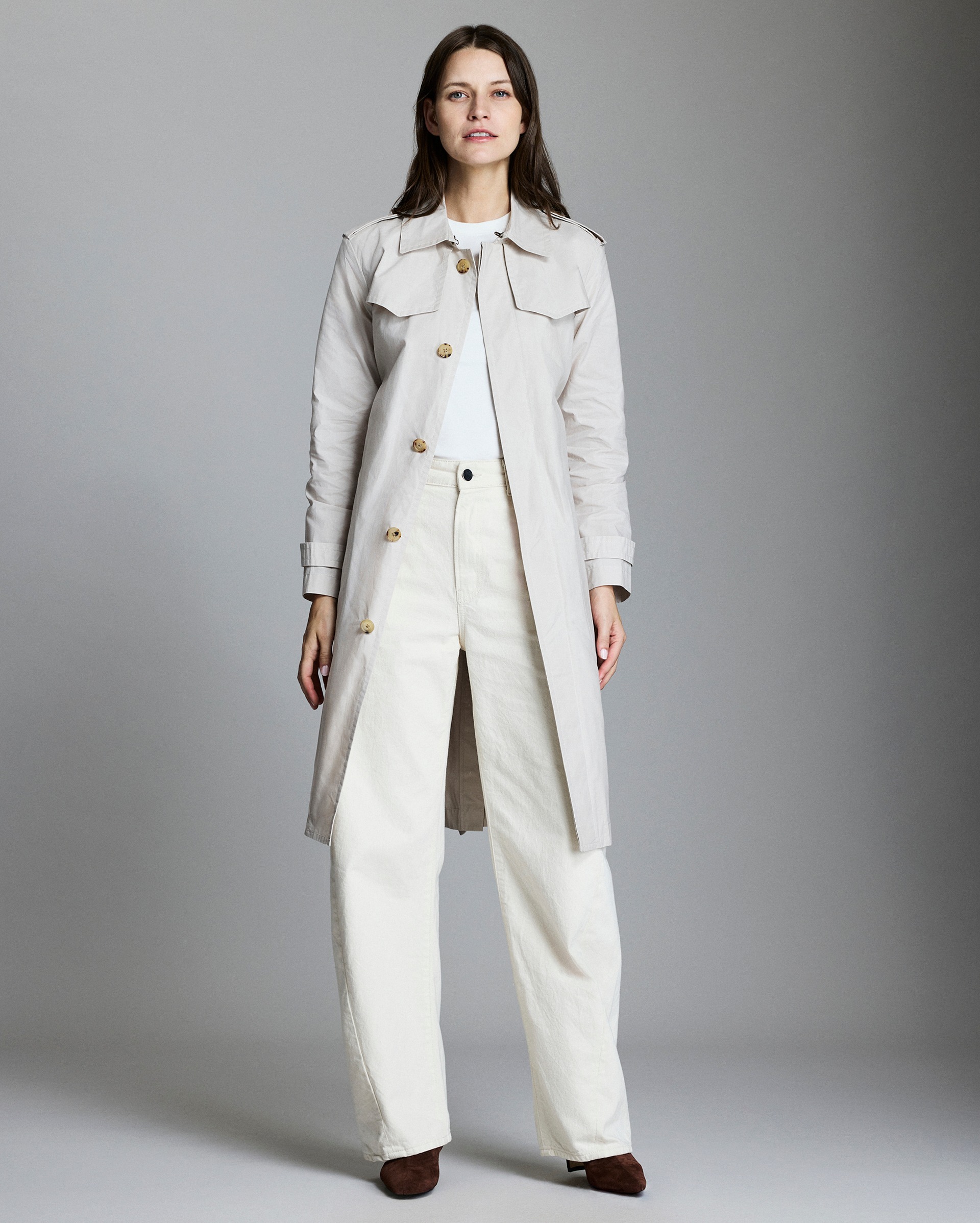 Model shows the fit of the coat.