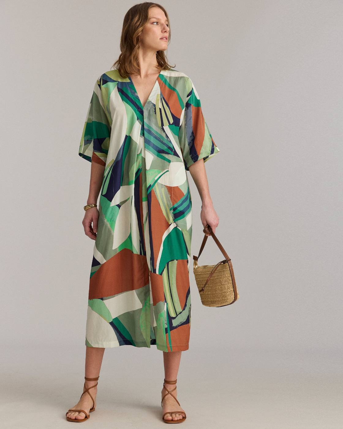 Collage Tropical Silk V-Pleat Maxi Dress