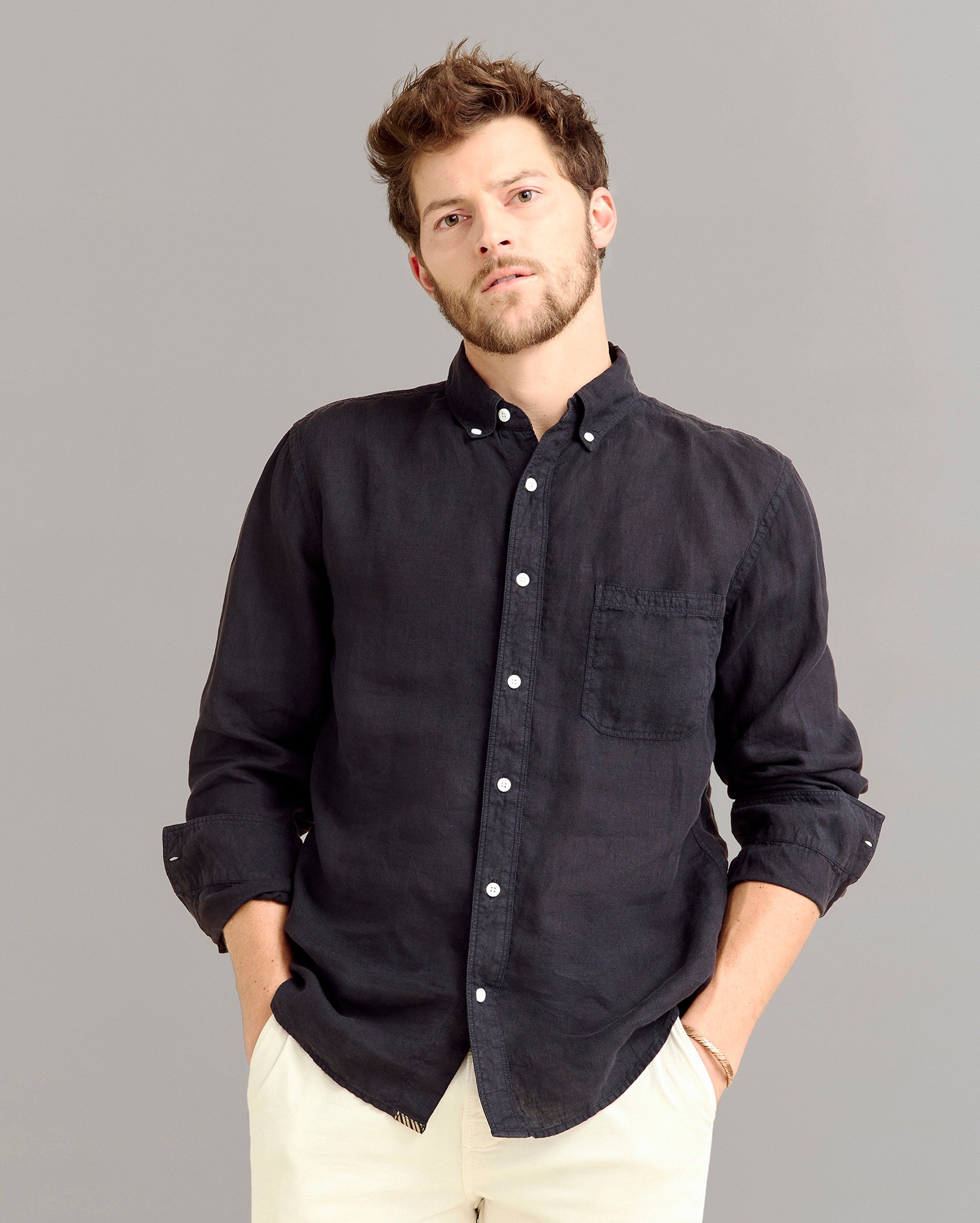 Model wears the Tuscumbia Linen Shirt