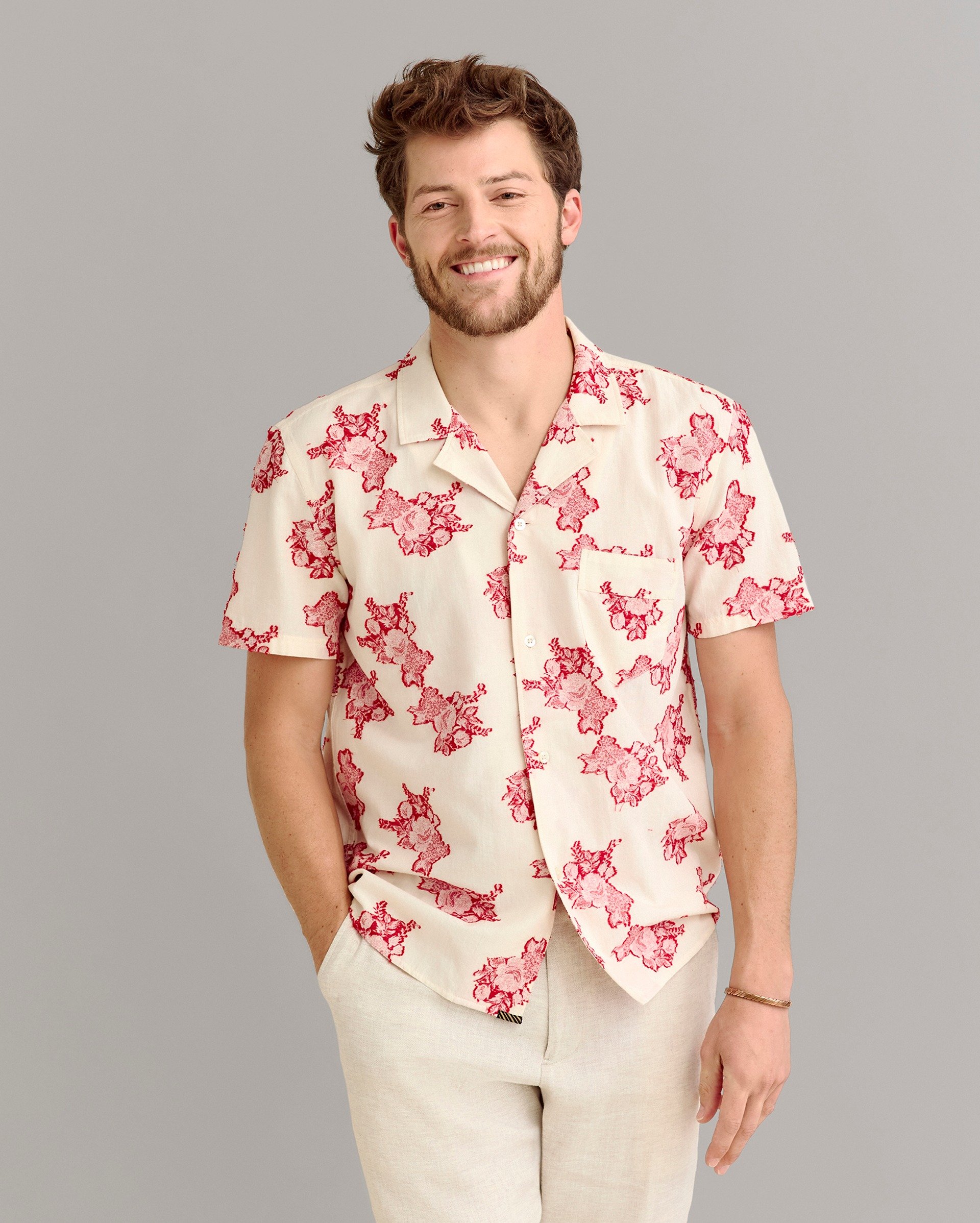 Model shows the fit of the Floral Jacquard Shirt