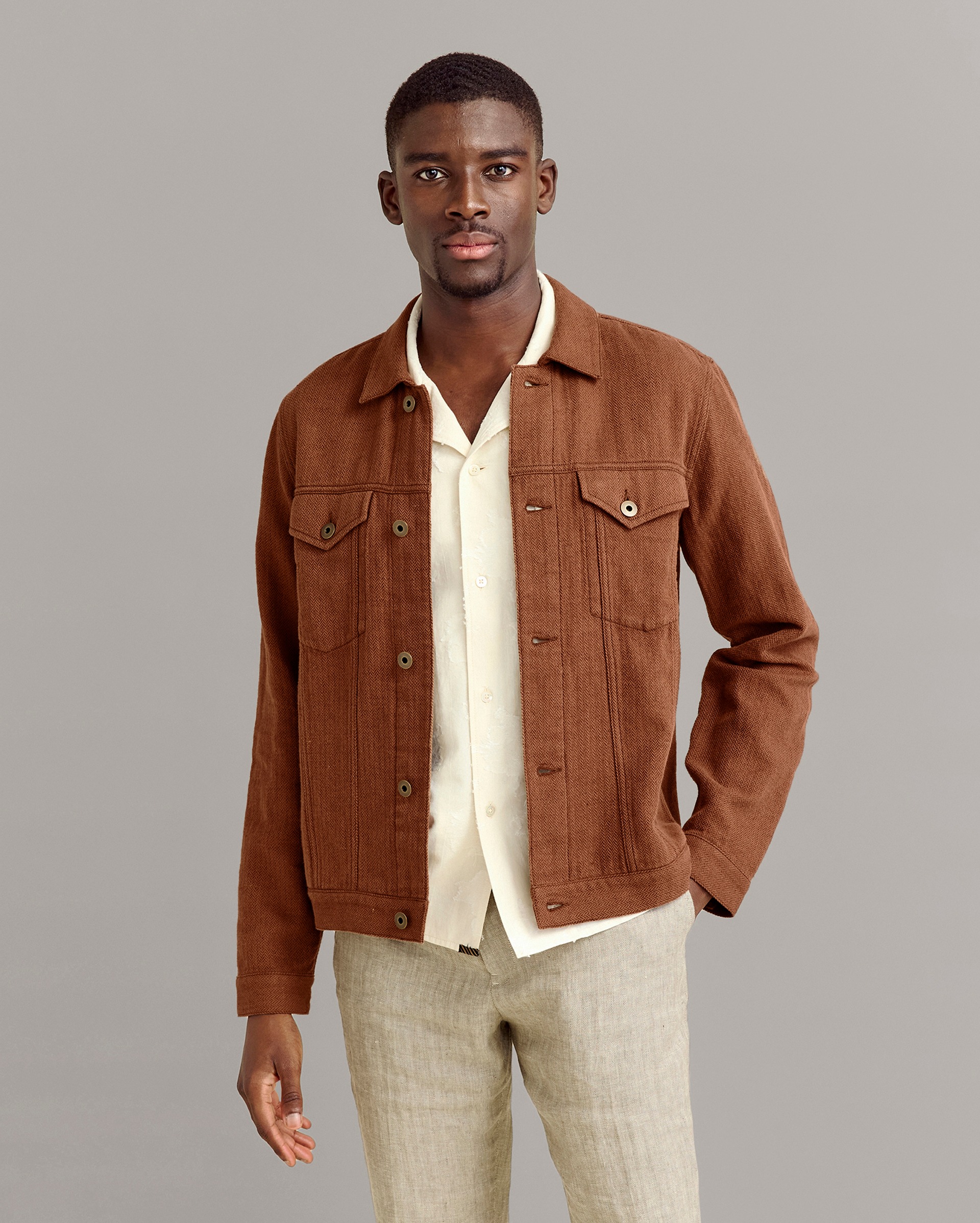 Model shows the fit of the Tupelo Trucker Jacket.